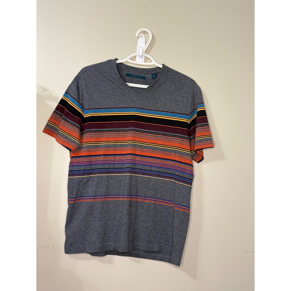 Perry Ellis Mens V-Neck T-Shirt Gray Multi-Color Stripe Cotton Tee Size M